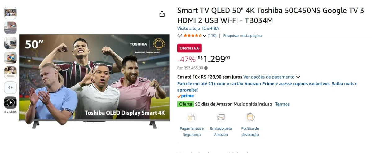 Smart TV QLED 50" 4K Toshiba 50C450NS Google TV 3 HDMI 2 USB Wi-Fi - TB034M