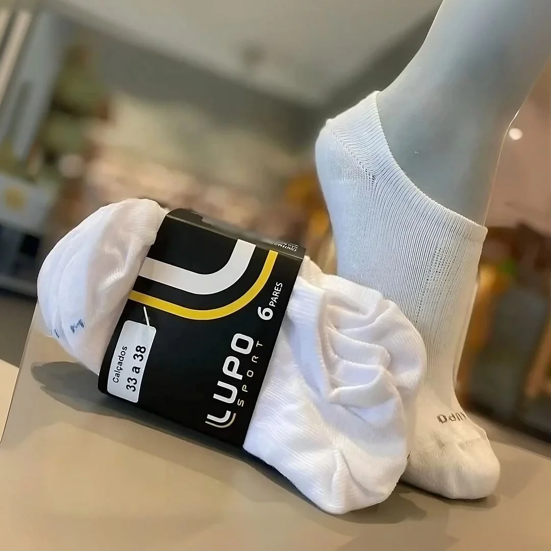 Kit 6 Pares De Meias Cano Curto Unissex Sport Lupo Branco / Cinza / Preto Liso 37-40