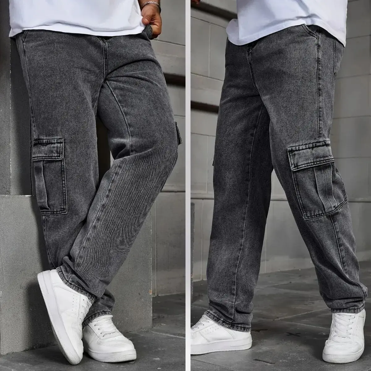 Calça Cargo Jeans Cós Elástico Larga Streetwear