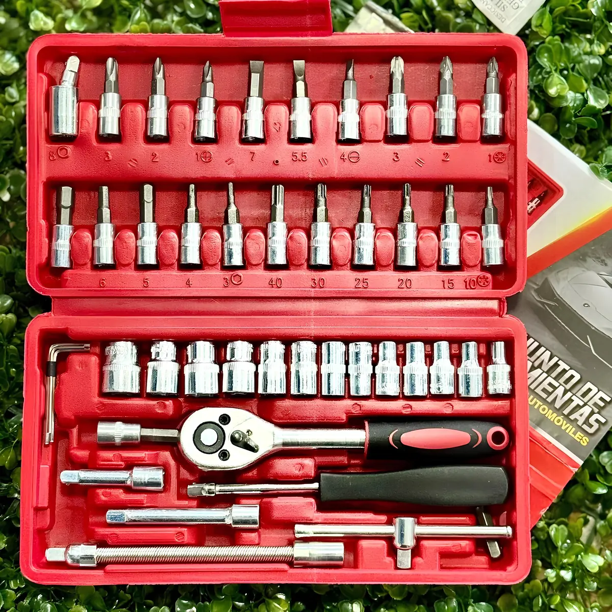 Kit Chaves Jogo Catraca Reversivel Soquetes 46 Pecas Maleta Vermelho