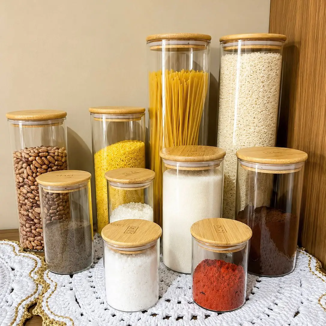 Kit 10 Potes Herméticos Vidro Tampa Bambu Seiri