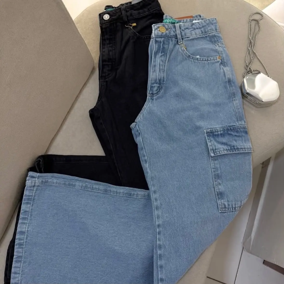 Calça Cargo Jeans Feminina Wide Leg (3 cores)