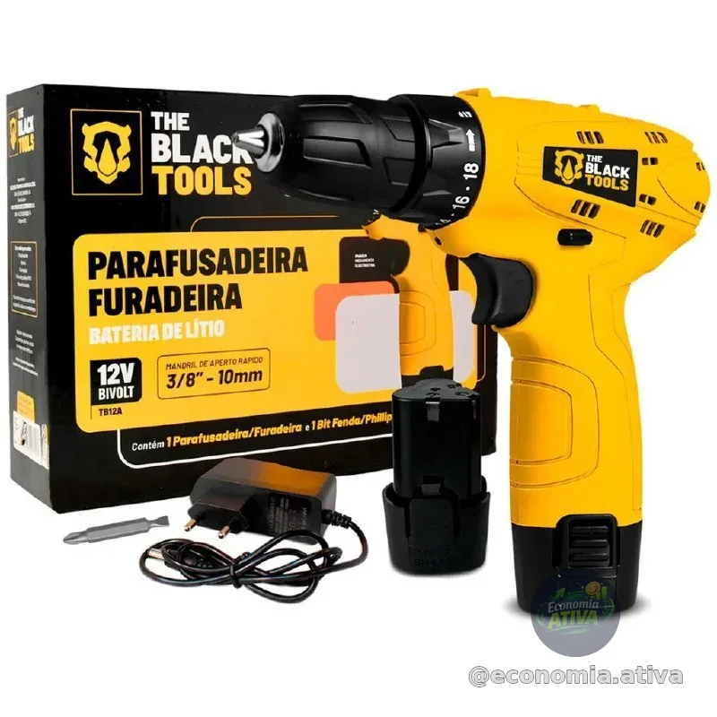 Parafusadeira Furadeira The Black Tools TB12A 3/8 a Bateria Cor Amarelo Frequência 60Hz