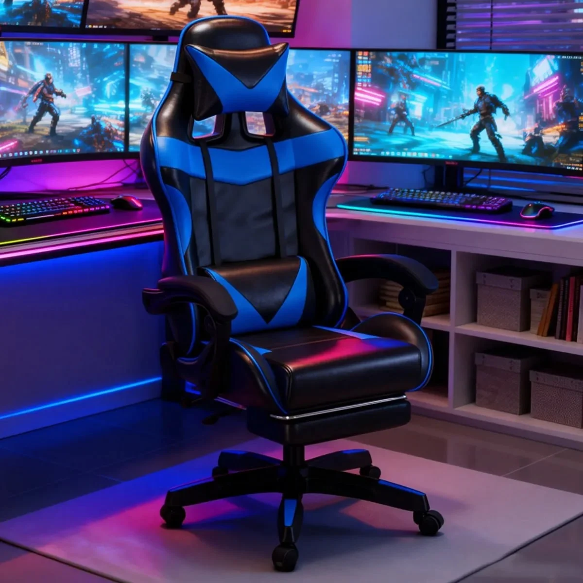 Cadeira Escritório Gamer Ergonômica Reclinável Giratoria Preto/azul Couro Sintético