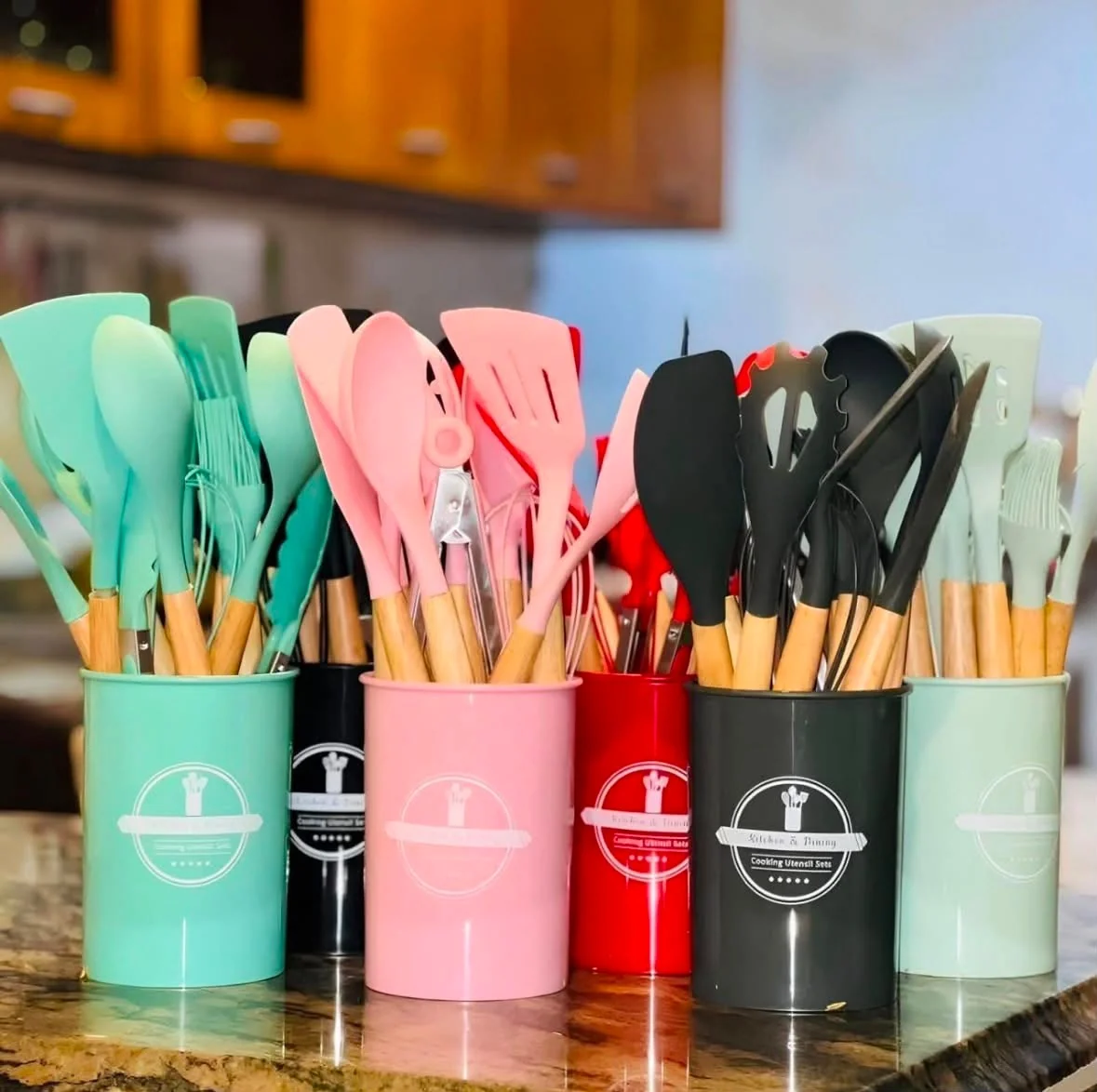 Kit 12 Utensílios De Cozinha Em Silicone Premium Com Cabo De Madeira