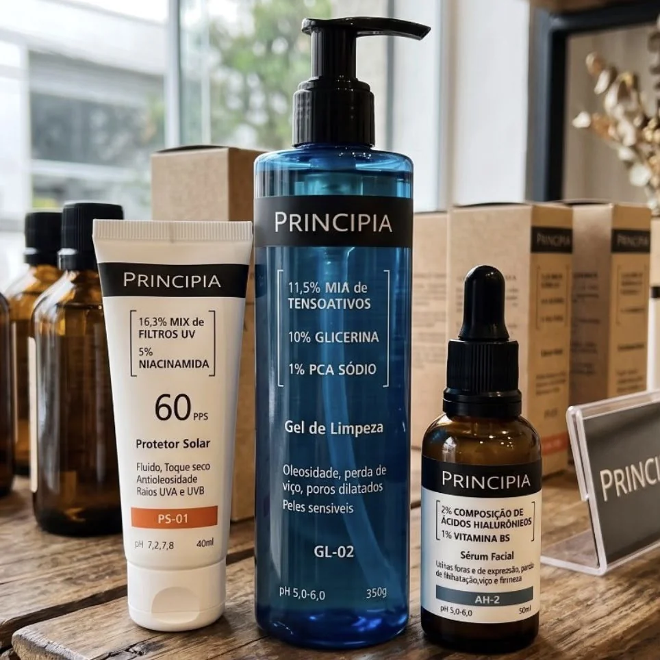 Kit Principia Primeira Rotina Skincare - Gel de Limpeza GL-02 - Protetor Solar PS-01 - Sérum Facial AH-2