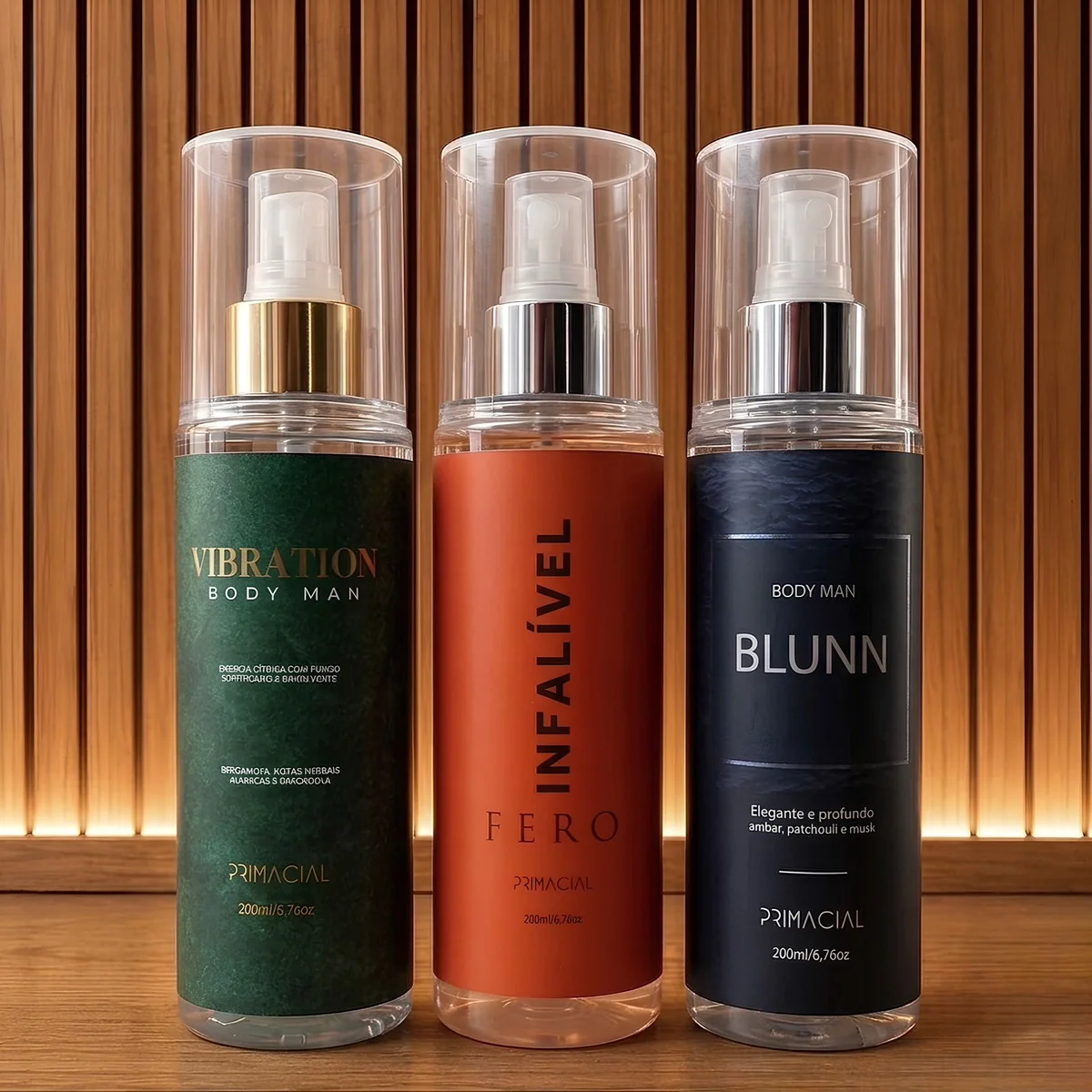 Kit Body Splash Primacial • Vibration 200ml • ⁠Infalível Fero 200ml • ⁠Blunn 200ml