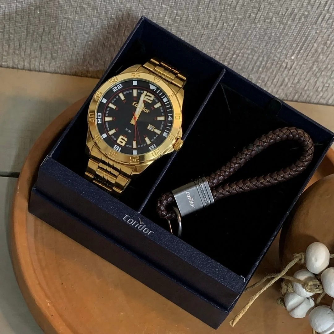 Kit Relógio Condor Masculino Dourado